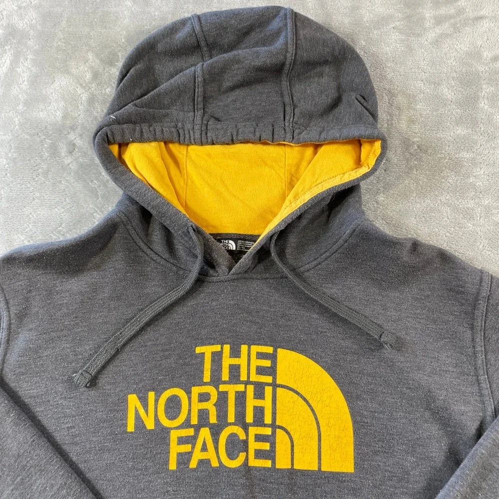 The North Face Pullover Hoodie Mens XL Grey Yellow Logo School Casual Fall